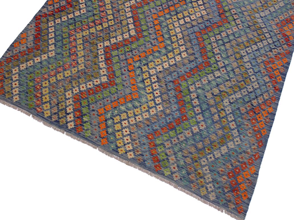handmade Geometric Kilim Blue Red Hand-Woven RECTANGLE 100% WOOL area rug 7x10