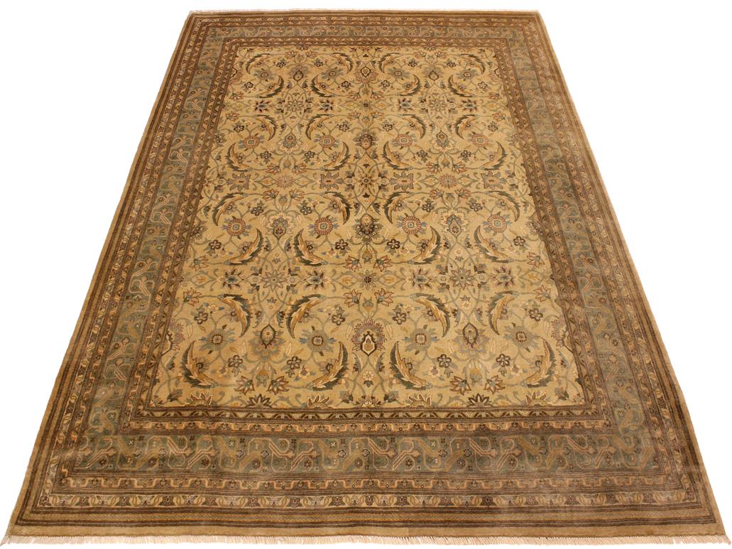 handmade Traditional Lahore Tan Lt. Green Hand Knotted RECTANGLE 100% WOOL area rug 8x10
