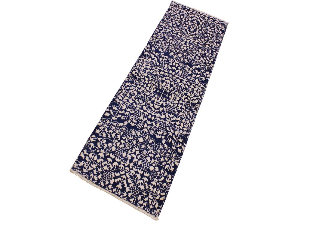 handmade Modern Kafkaz Blue Ivory Hand Knotted RUNNER WOOL&SILK area rug 2x8 