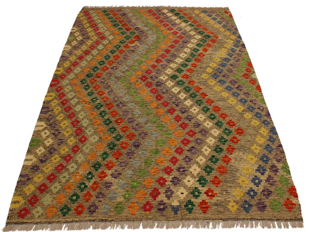 handmade Geometric Kilim Brown Green Hand-Woven RECTANGLE 100% WOOL area rug 5x7