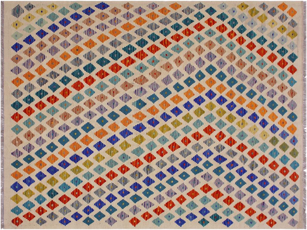 handmade Geometric Kilim Beige Rust Hand-Woven RECTANGLE 100% WOOL area rug 5x7