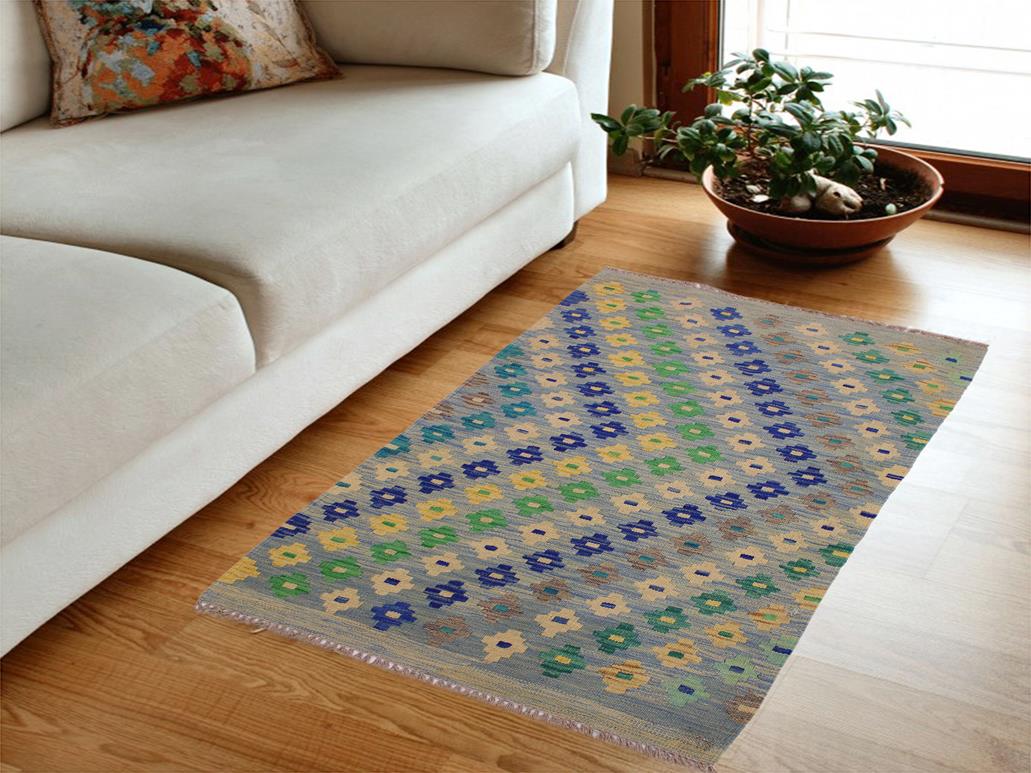 handmade Geometric Kilim Blue Gray Hand-Woven RECTANGLE 100% WOOL area rug 3x4