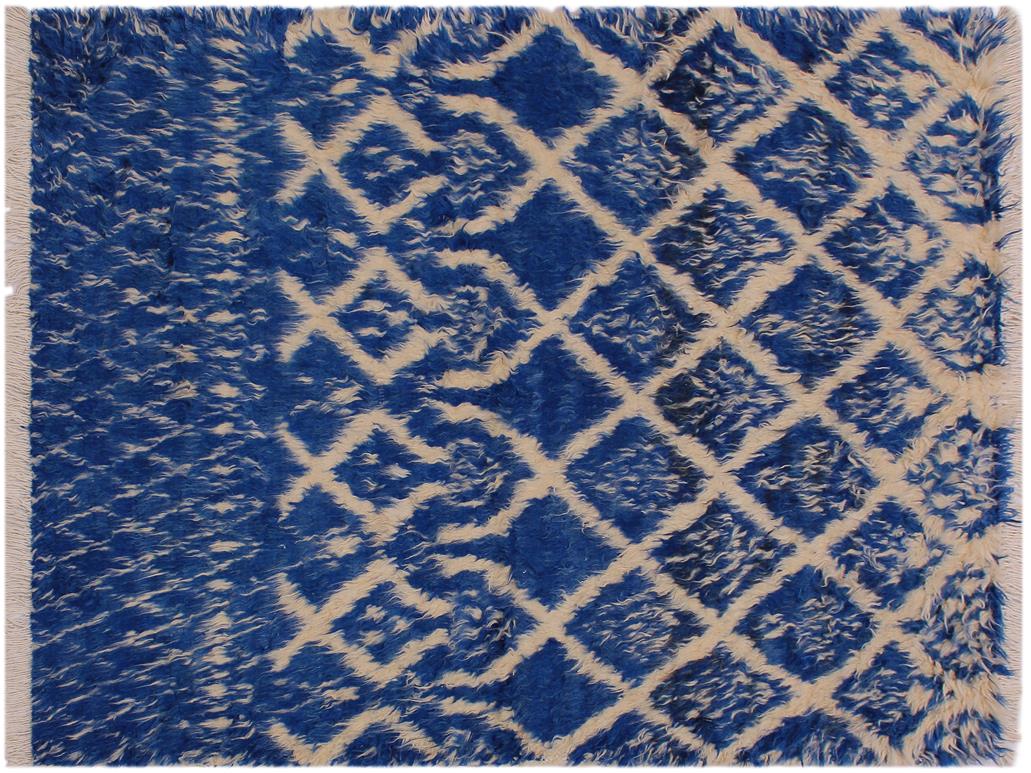 handmade Modern Moroccan Blue Ivory Hand Knotted RECTANGLE 100% WOOL area rug 4x6