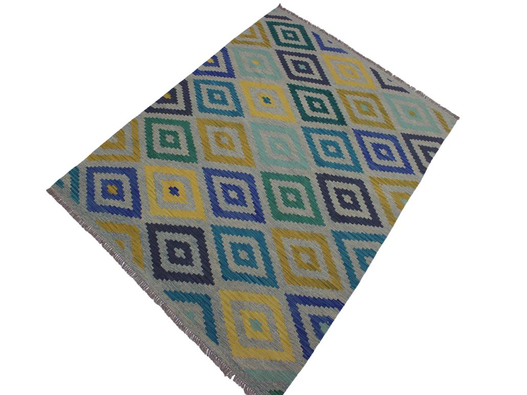 handmade Geometric Kilim Gray Blue Hand-Woven RECTANGLE 100% WOOL area rug 6x8