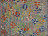 handmade Geometric Kilim Green Orange Hand-Woven RECTANGLE 100% WOOL area rug 7x10
