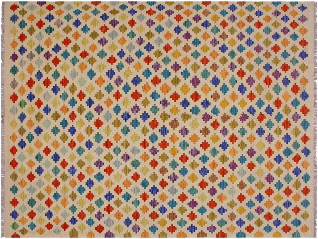 handmade Geometric Kilim Beige Blue Hand-Woven RECTANGLE 100% WOOL area rug 5x8