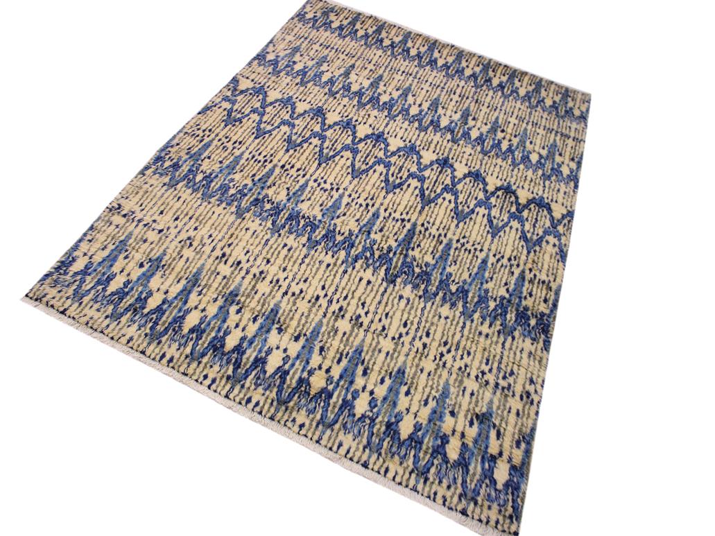 handmade Modern Moroccan Ivory Blue Hand Knotted RECTANGLE 100% WOOL area rug 9x12