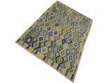 handmade Geometric Kilim Green Blue Hand-Woven RECTANGLE 100% WOOL area rug 7x10