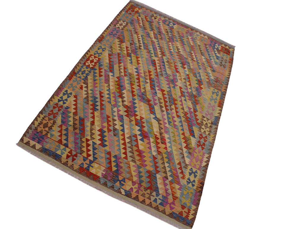 handmade Geometric Kilim Brown Blue Hand-Woven RECTANGLE 100% WOOL area rug 7x10