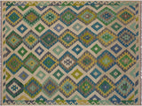 handmade Geometric Kilim Ivory Green Hand-Woven RECTANGLE 100% WOOL area rug 5x8
