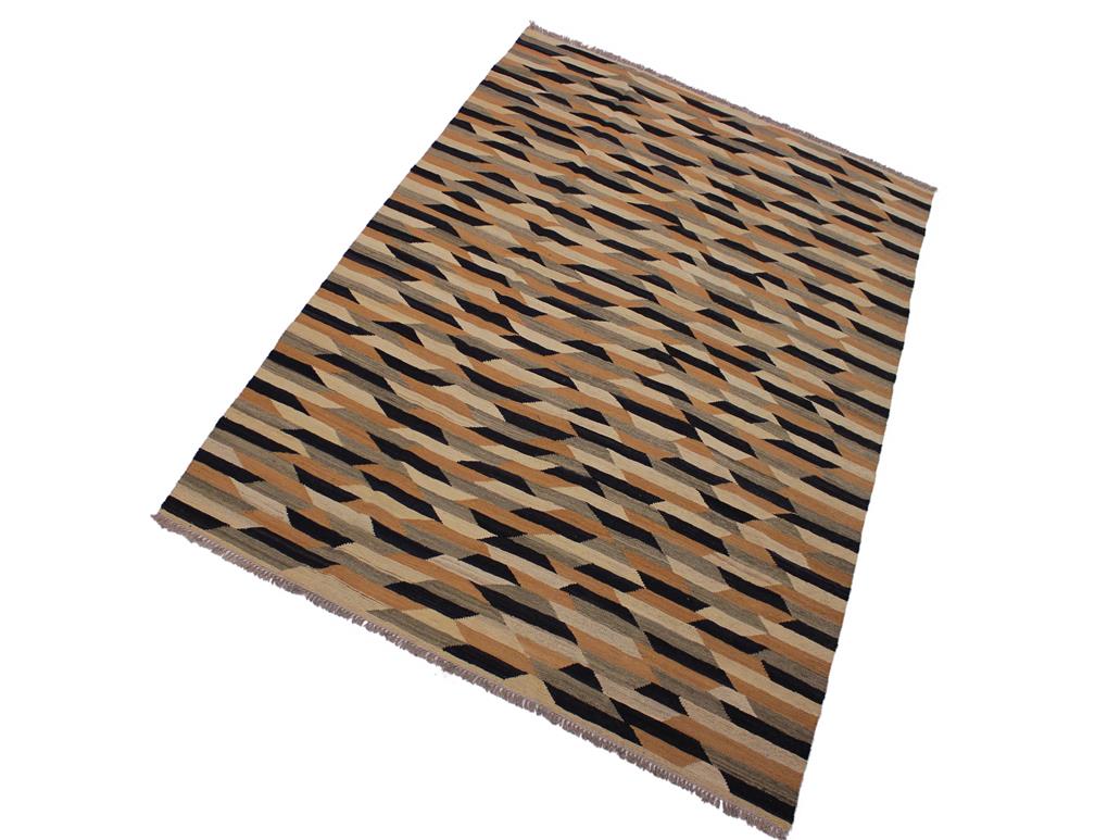 handmade Geometric Kilim Tan Black Hand-Woven RECTANGLE 100% WOOL area rug 6x8