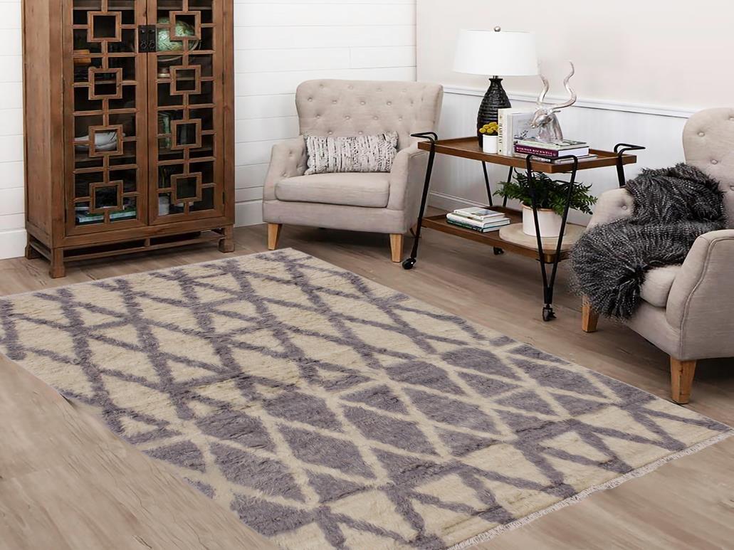 handmade Modern Moroccan Ivory Grey Hand Knotted RECTANGLE 100% WOOL area rug 4x6
