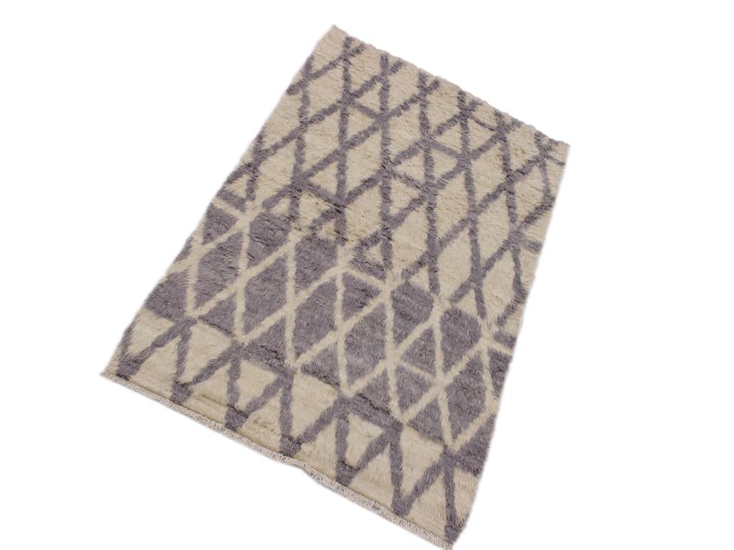 handmade Modern Moroccan Ivory Grey Hand Knotted RECTANGLE 100% WOOL area rug 4x6