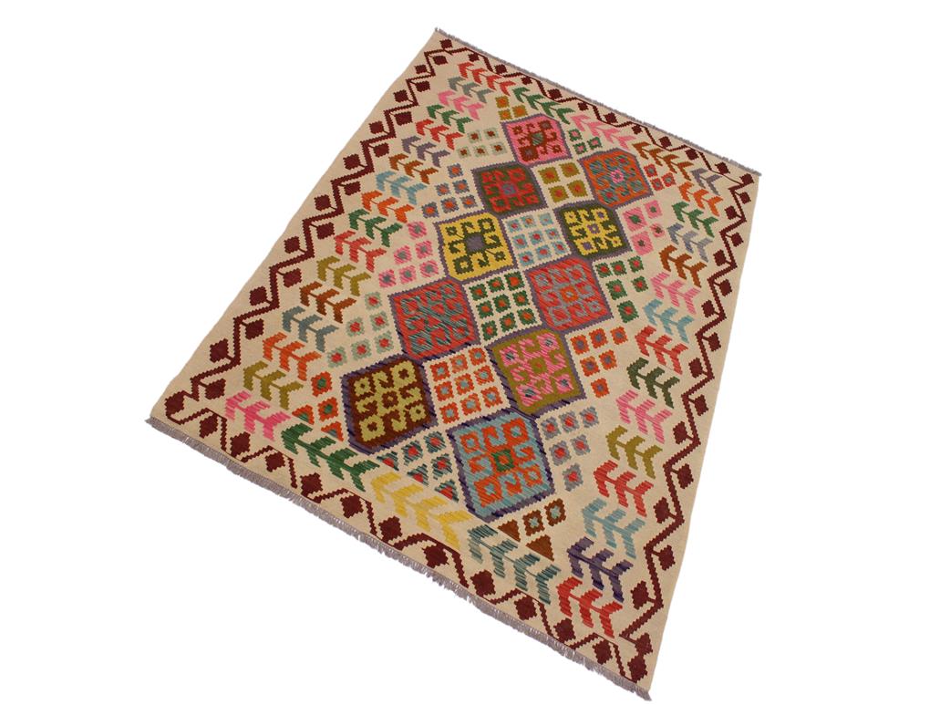 handmade Geometric Kilim Ivory Red Hand-Woven RECTANGLE 100% WOOL area rug 6x8