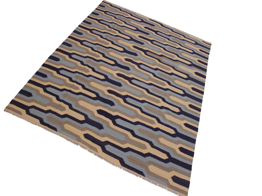 handmade Geometric Kilim Ivory Blue Hand-Woven RECTANGLE 100% WOOL area rug 8x10