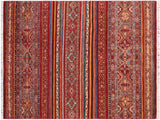 Rustic Khurgeen Helaine Red/Blue Wool Rug - 5'6'' x 7'10''