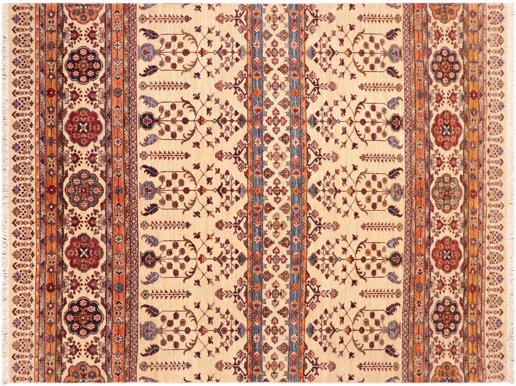 handmade Geometric Khorgeen Beige Blue Hand Knotted RECTANGLE 100% WOOL area rug 6x7