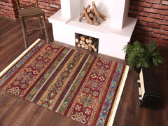 handmade Geometric Khorgeen Red Blue Hand Knotted RECTANGLE 100% WOOL area rug 3x5