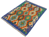 handmade Geometric Kilim Rust Blue Hand-Woven RECTANGLE 100% WOOL area rug 3x3