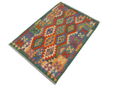handmade Geometric Kilim Blue Green Hand-Woven RECTANGLE 100% WOOL area rug 3x5