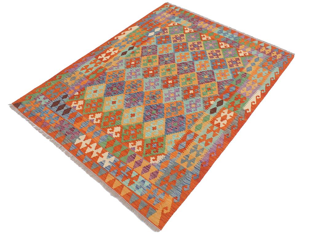 handmade Geometric Kilim Blue Rust Hand-Woven RECTANGLE 100% WOOL area rug 5x6