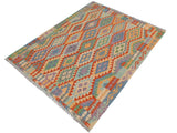 handmade Geometric Kilim Blue Gray Hand-Woven RECTANGLE 100% WOOL area rug 5x6