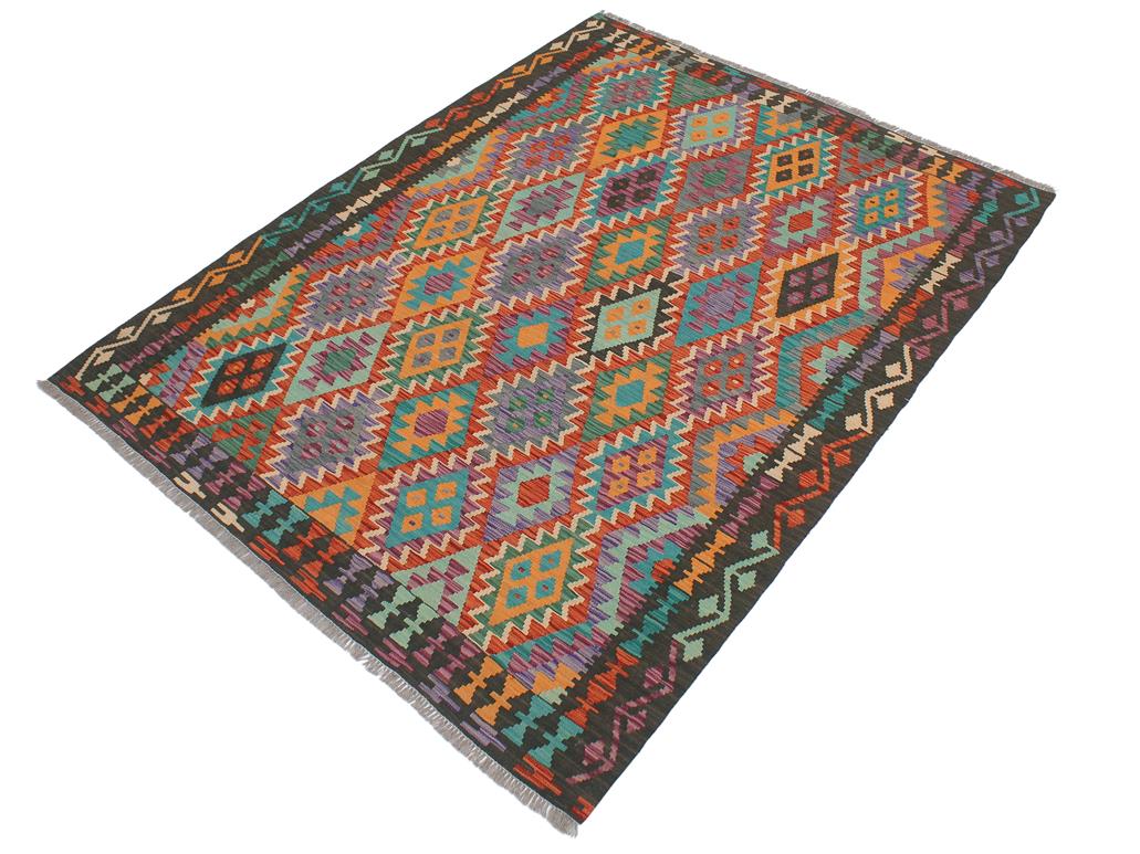 handmade Geometric Kilim Rust Green Hand-Woven RECTANGLE 100% WOOL area rug 5x6