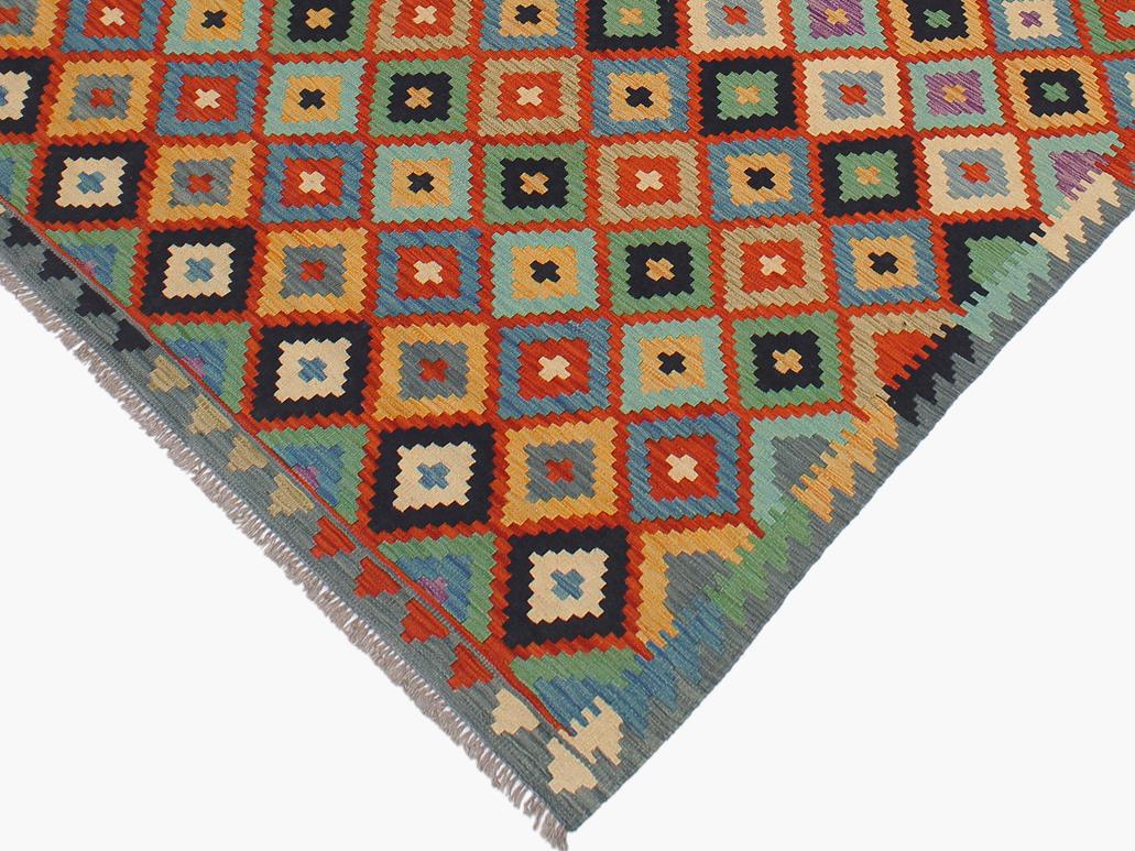 handmade Geometric Kilim Rust Blue Hand-Woven RECTANGLE 100% WOOL area rug 6x8