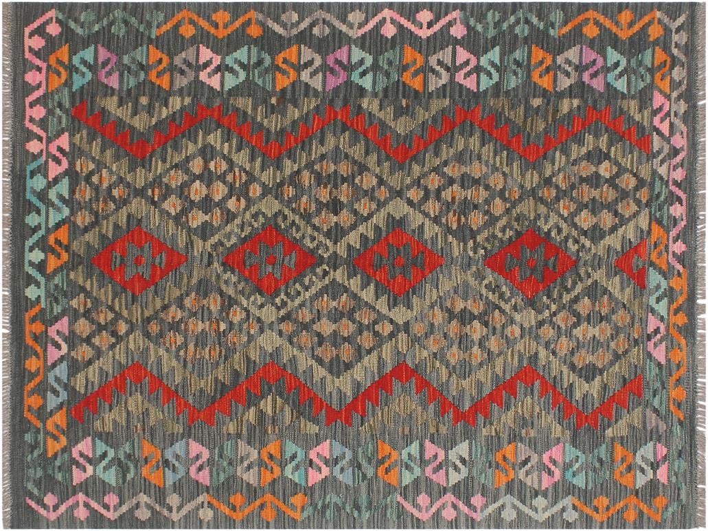 handmade Geometric Kilim Charcoal Red Hand-Woven RECTANGLE 100% WOOL area rug 4x6