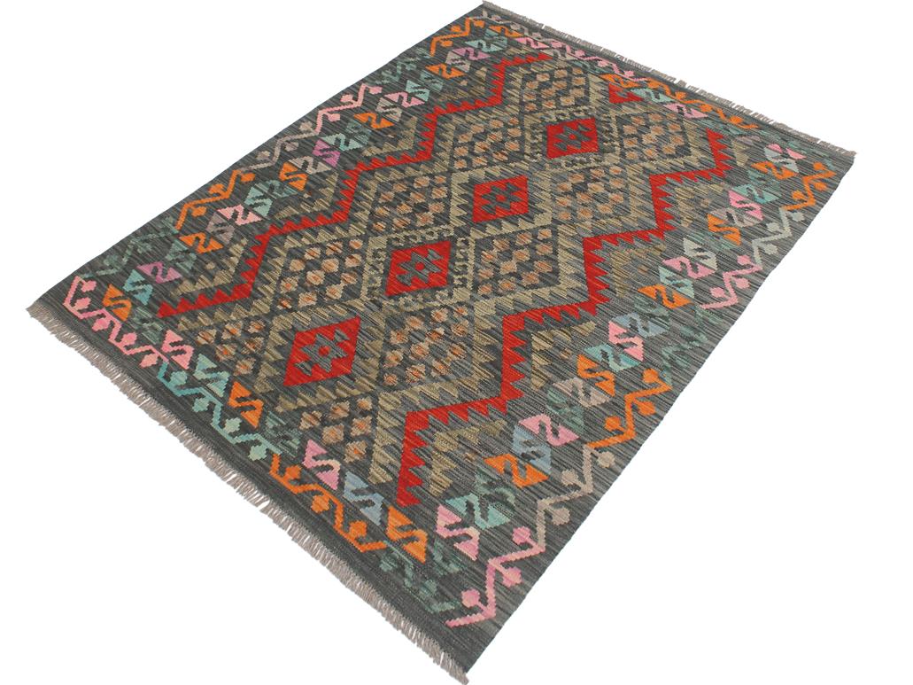 handmade Geometric Kilim Charcoal Red Hand-Woven RECTANGLE 100% WOOL area rug 4x6