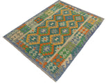 handmade Geometric Kilim Green Blue Hand-Woven RECTANGLE 100% WOOL area rug 3x5