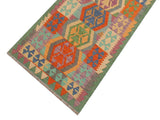 handmade Geometric Kilim Rust Green Hand-Woven RUNNER 100% WOOL area rug 3x10