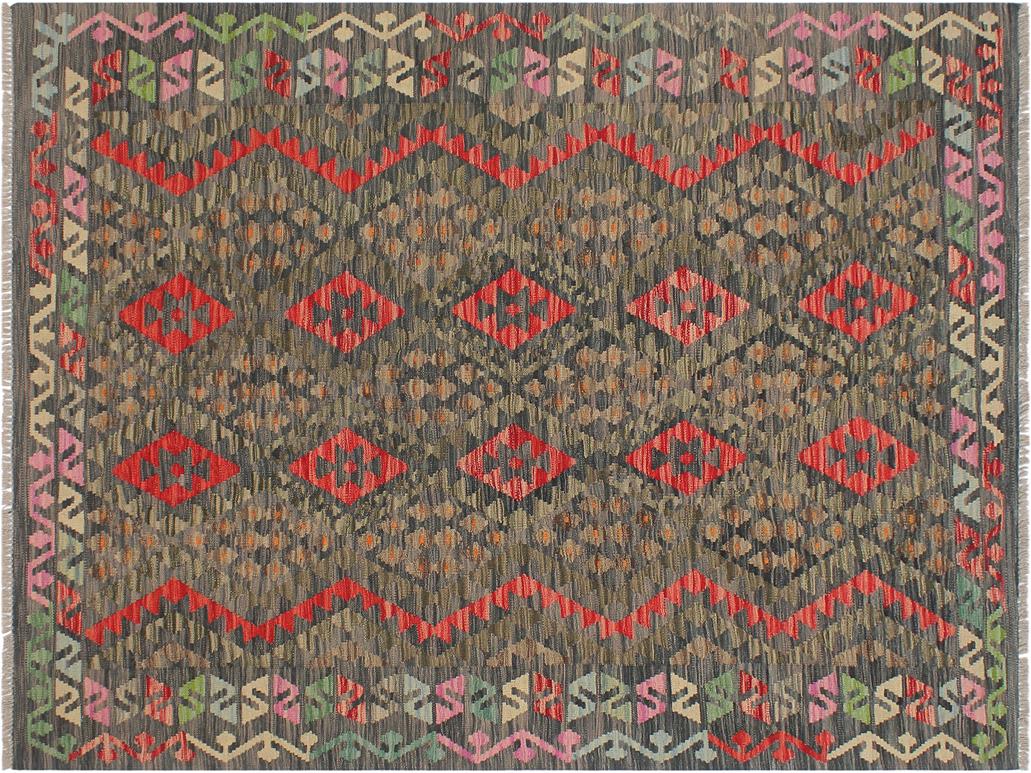handmade Geometric Kilim Green Red Hand-Woven RECTANGLE 100% WOOL area rug 5x7