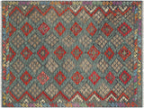 Southwestern Turkish Kilim Malika Charcoal/Rust Wool Rug - 5'9'' x 8'5''