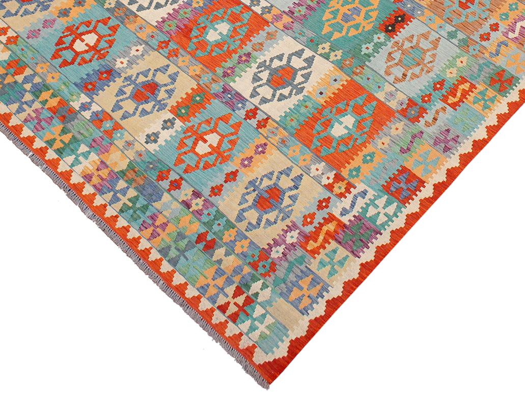 handmade Geometric Kilim Blue Rust Hand-Woven RECTANGLE 100% WOOL area rug 8x10