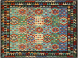 handmade Geometric Kilim Blue Brown Hand-Woven RECTANGLE 100% WOOL area rug 8x10
