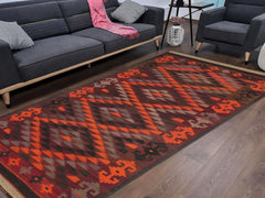 handmade Geometric Kilim Orange Burgundy Hand-Woven RUNNER 100% WOOL area rug