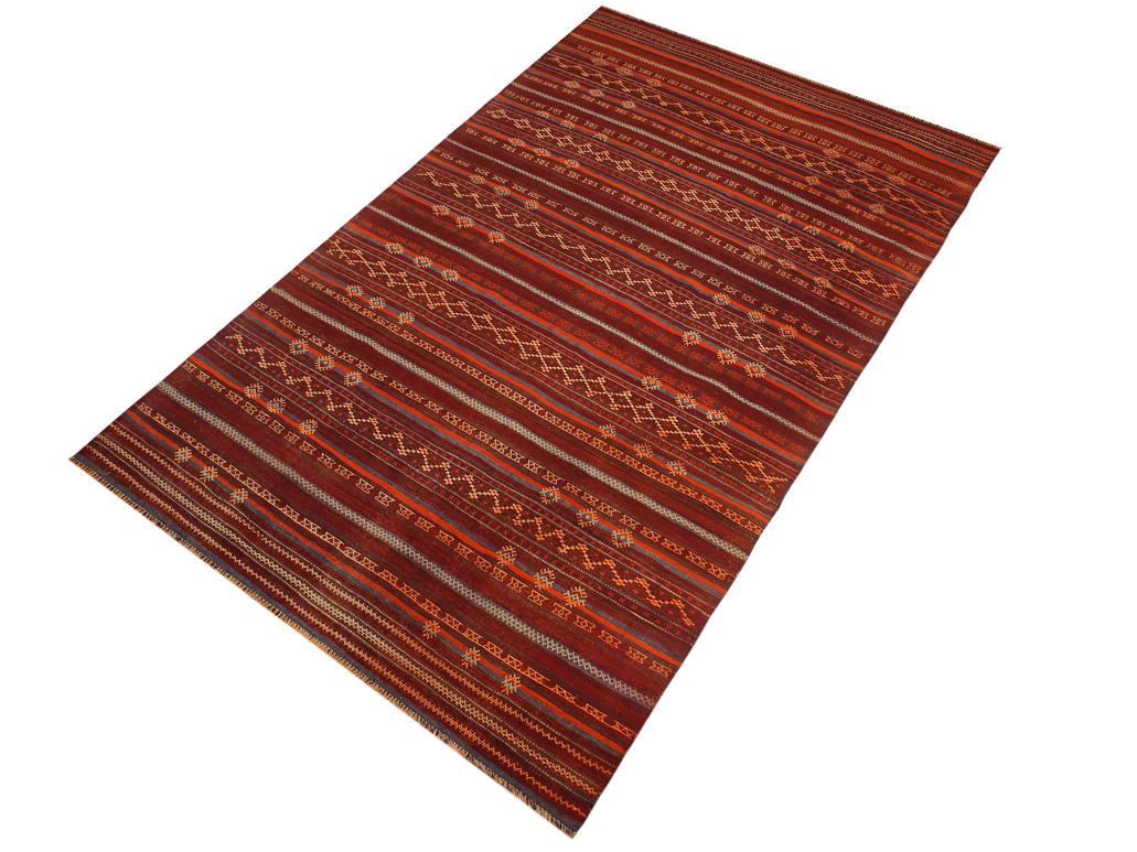 handmade Geometric Kilim Red Rust Hand-Woven RUNNER 100% WOOL area rug