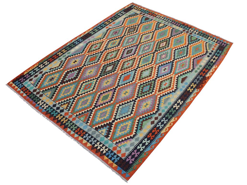 handmade Geometric Kilim Rust Blue Hand-Woven RECTANGLE 100% WOOL area rug 10x13