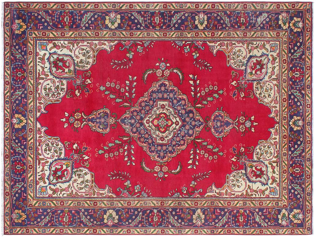 handmade Medallion, Traditional Tabriz Red Blue Hand Knotted RECTANGLE 100% WOOL area rug 7x9