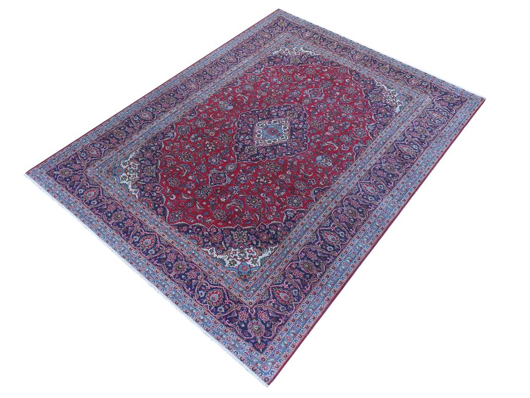 handmade Medallion, Traditional Kashan Red Blue Hand Knotted RECTANGLE 100% WOOL area rug 9x13