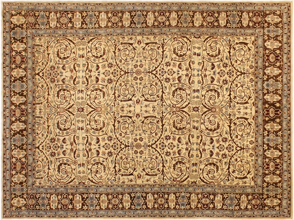 handmade Traditional Lahore Ivory Brown Hand Knotted RECTANGLE 100% WOOL area rug 9x12