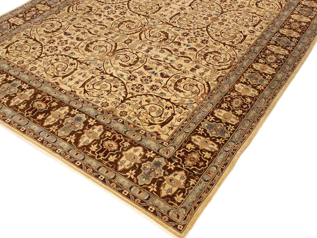 handmade Traditional Lahore Ivory Brown Hand Knotted RECTANGLE 100% WOOL area rug 9x12