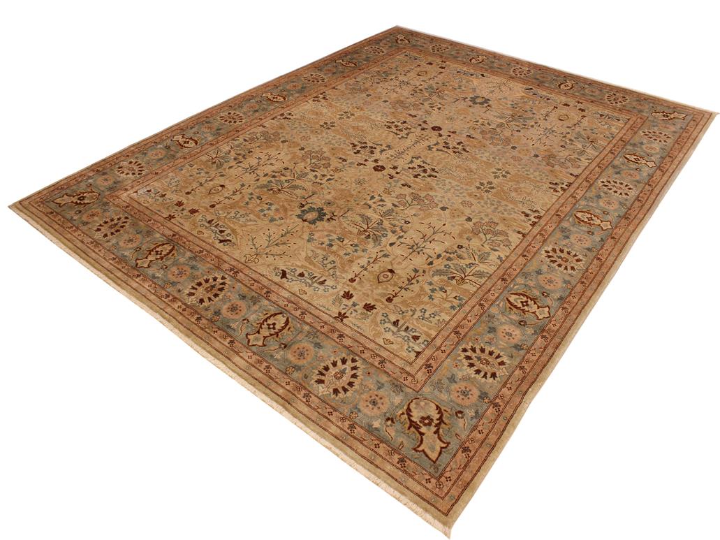 handmade Traditional Lahore Tan Lt. Blue Hand Knotted RECTANGLE 100% WOOL area rug 9x12
