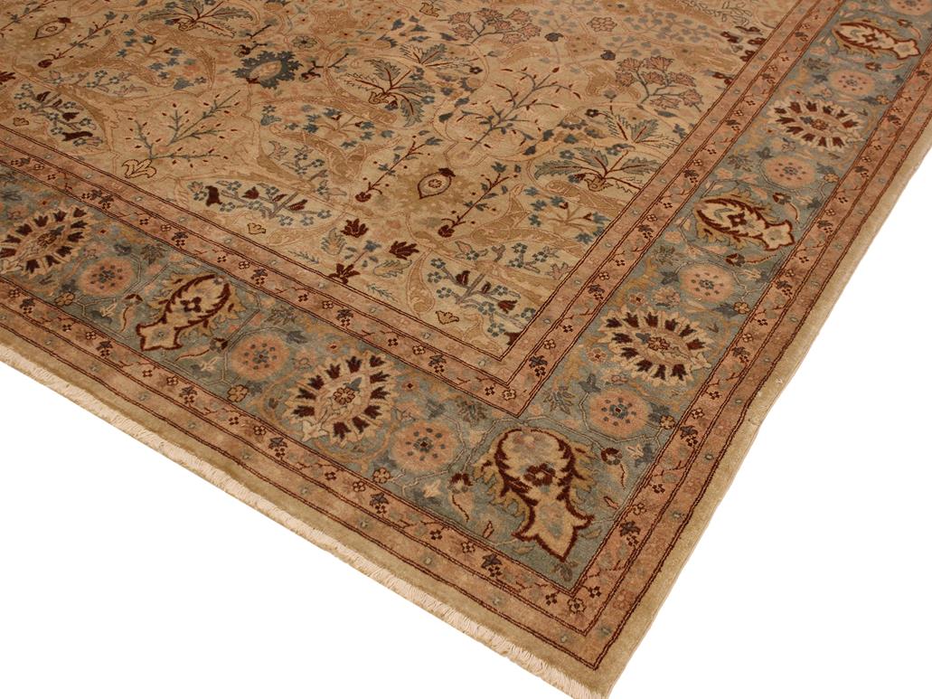 handmade Traditional Lahore Tan Lt. Blue Hand Knotted RECTANGLE 100% WOOL area rug 9x12