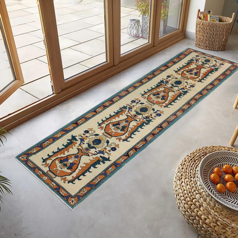 handmade Traditional Kafkaz Chobi Ivory Rust Hand Knotted RUNNER 100% WOOL area rug 3 x 10