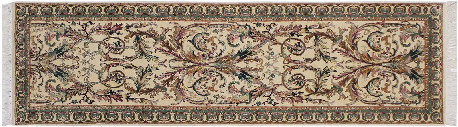 handmade Traditional Bhati Ivory Green Hand Knotted RUNNER 100% WOOL area rug 3x10