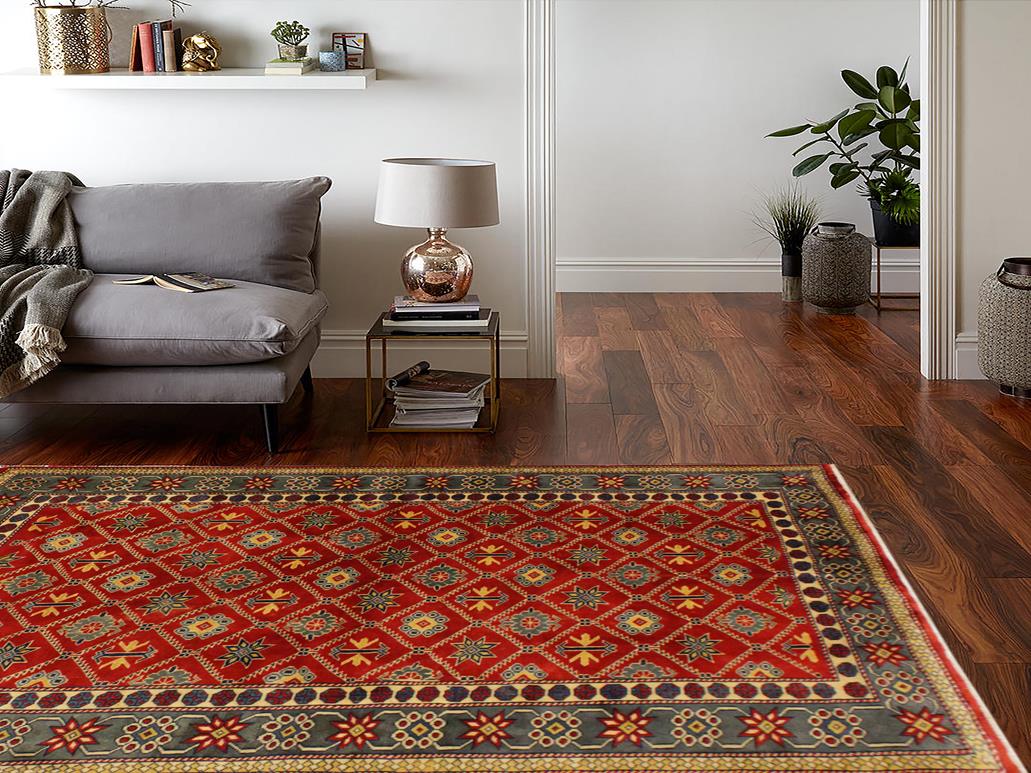 handmade Geometric Sherwan Red Gray Hand Knotted RECTANGLE 100% WOOL area rug 4x6