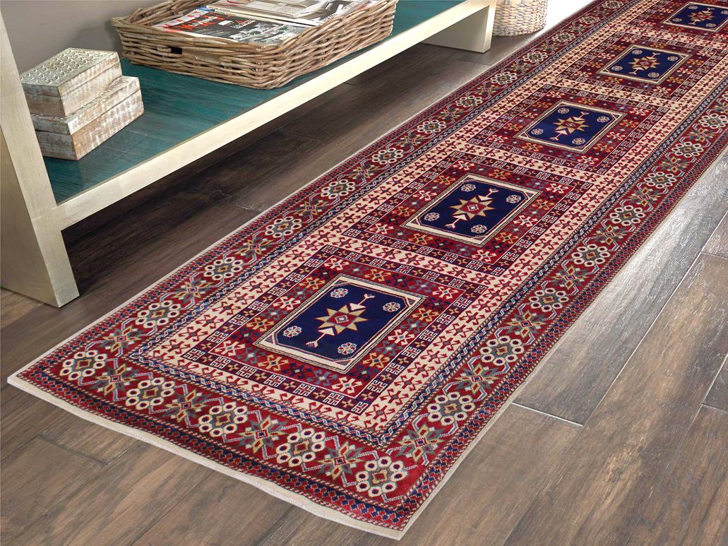 handmade Geometric Sherwan Red Blue Hand Knotted RUNNER 100% WOOL area rug 3x11