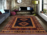 handmade Geometric Kargahi Blue Gold Hand Knotted RECTANGLE 100% WOOL area rug 6x10
